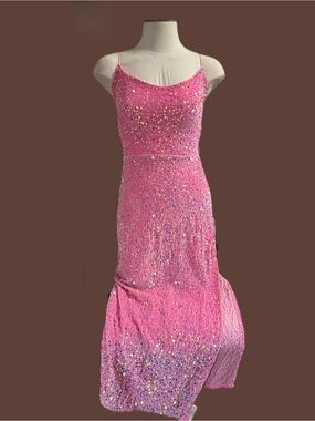 Pink Sequin Spaghetti-Strap Maxi Dress with Slim Silhouette